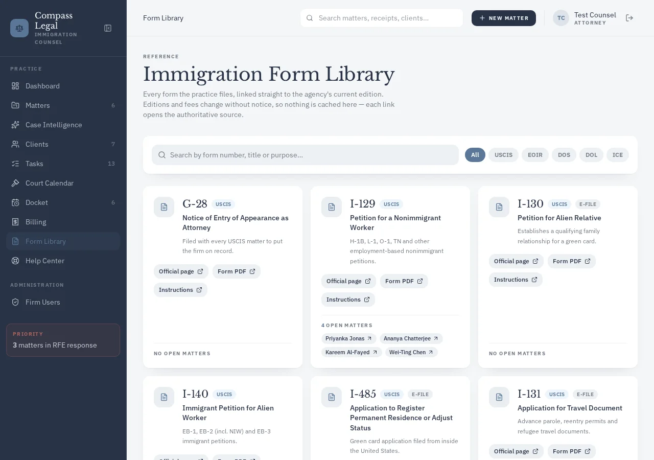 Forms section screen in Compass Legal