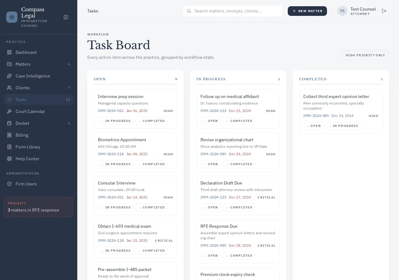Taskboard screen in Compass Legal